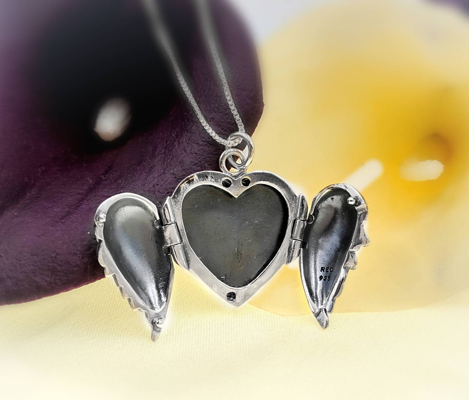 925 Sterlig Silver Wing Heart Locket Necklace; Angel Wing Locket ...