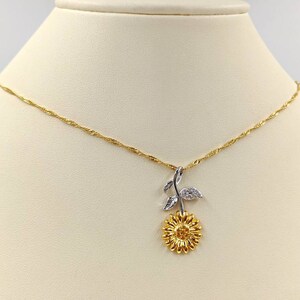 Two Tone Pave Sunflower Necklace; 925 CZ Sun Flower Necklace on Gold Chain; Gold Sunflower Necklace with Silver Leaves, Infinity Close