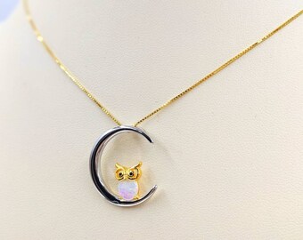 Two Tone White Opal Owl in the Moon Necklace; Gold and 925 Opal Moon & Owl Charm; Opal Owl Jewelry; White Opal Owl Necklace, Infinity Close