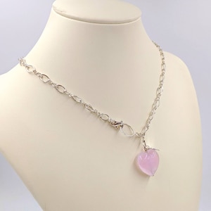 925 Silver & Pink Venetian Glass Heart Necklace; Pink Glass Heart Necklace; Blue Heart w Sterling Silver Infinity Chain, Infinity Close