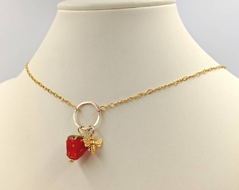 Glass Strawberry Bee Necklace; 14K Gold Filled Strawberry Necklace; Strawberry Bee Necklace; Gold Glass Gold Strawberry with Bee, Gold Bee