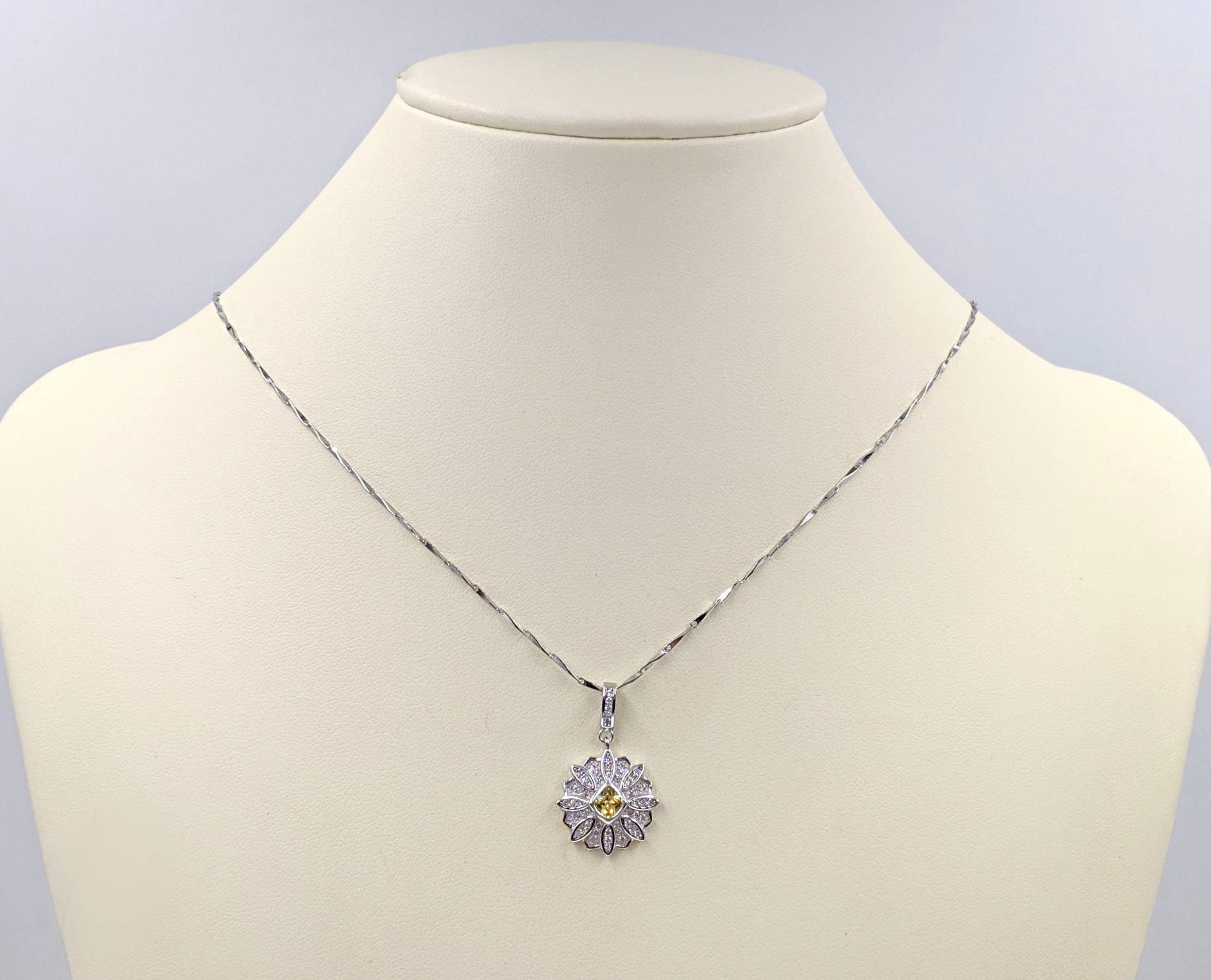 Sterling Silver & CZ Pave Sunflower Necklace W Yellow Center