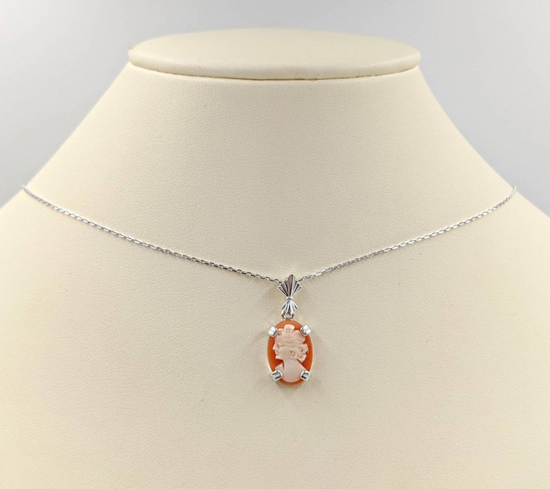 925 Petite Shell Cameo Peach Orange Shell Cameo Necklace w Sterling Silver Setting Shell Cameo Necklace Shell Cameo, Infinity Close image 10