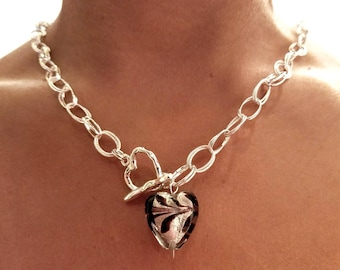 Sterling Silver Fancy Double Link Chain Necklace with Venetian Glass Animal Print Heart Pendant and Heart Toggle Close; Toggle Necklace