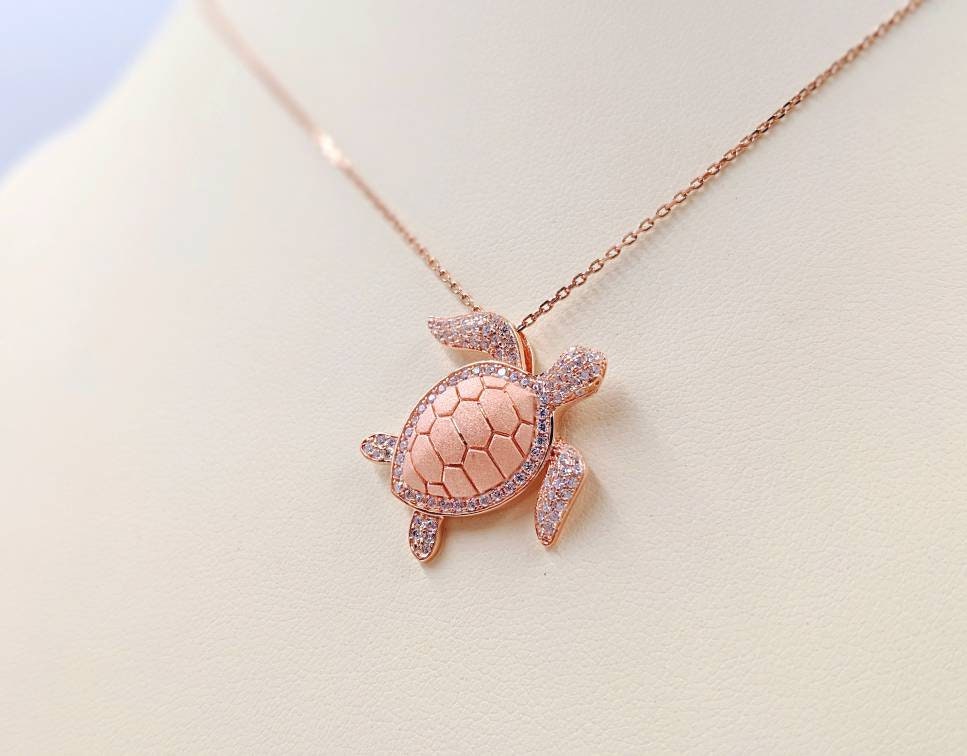 Rose Gold Sea Turtle Necklace 925 Sterling Rose Turtle 925 Rose Necklace w Hanging Sea Turtle Rose Turtle Pendant with Infinity Close