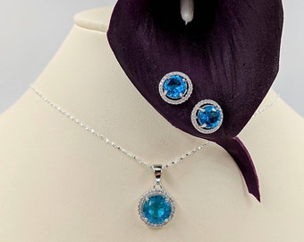 Aquamarine Pave Necklace and Earring Set, 925 Sterling Silver Round Aquamarine Necklace Earring Set with Sterling Chain, Infinity Close