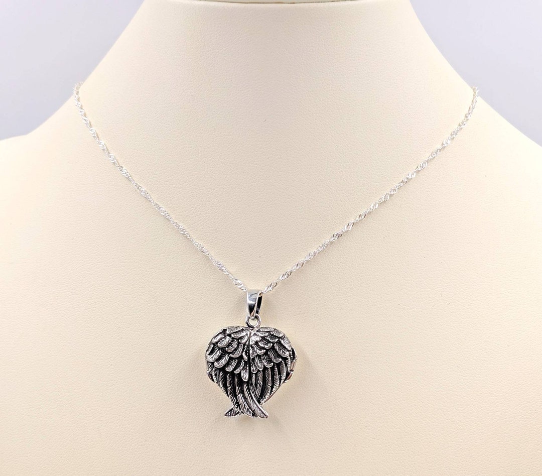 925 Sterlig Silver Wing Heart Locket Necklace; Angel Wing Locket ...