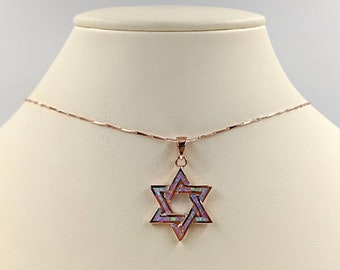 Opal Rose Gold Star of David Necklace; Opal & Rose Gold Star of David Necklace; Pink Opal Rose Gold Star of David Pendant, Infinity Close