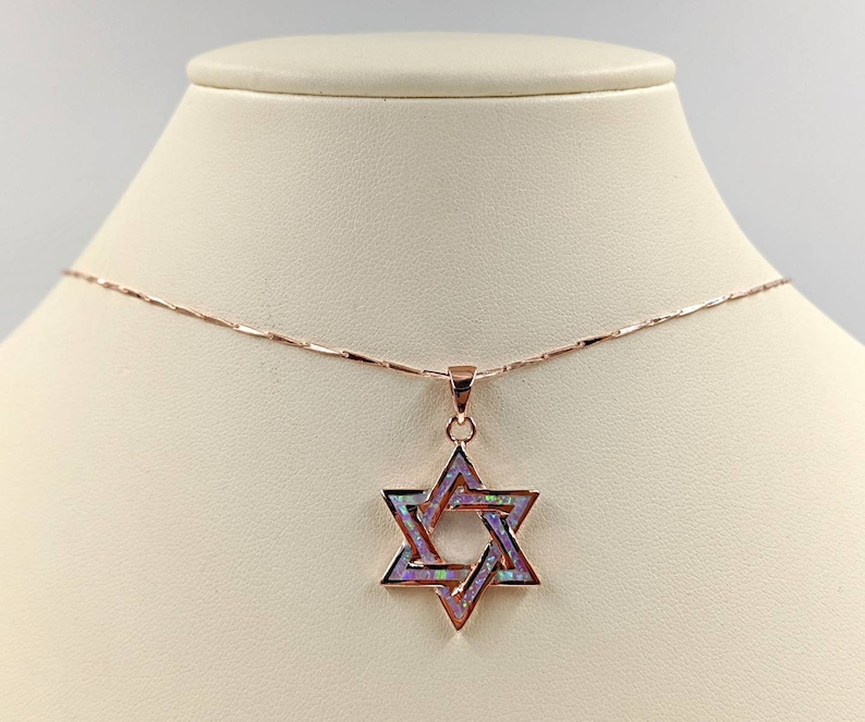 Opal Pink Star Of David With Silver Necklace - Chain 18 inch  Pendant 1/4 inch  W 1/4 inch  H