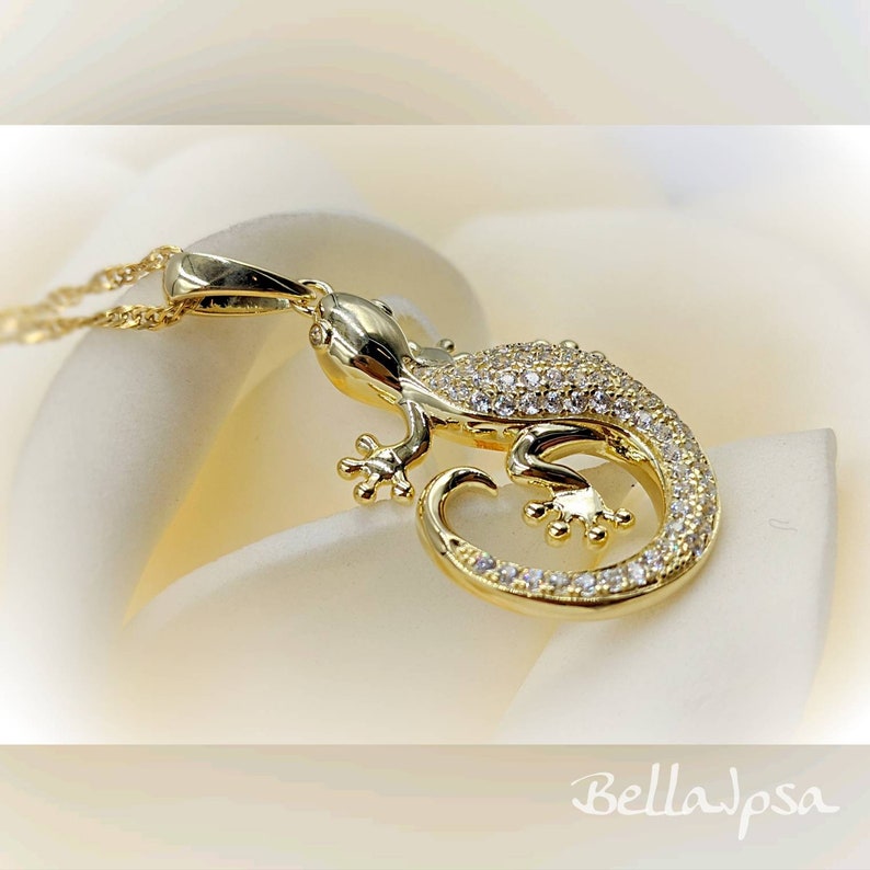 925 Gold Pave Lizard Necklace; Gecko Lizard Necklace; Gold Lizard Pendant; Gold Salamander; Sterling Silver Pave Lizard Infinity Close