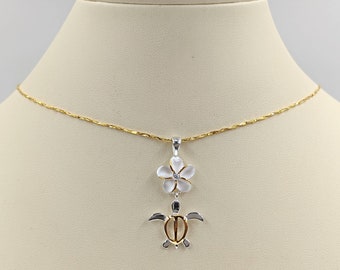 Two Tone Turtle with Gold Turtle Necklace and Plumeria Flower; CZ 925 Gold Sea Turtle with Hibiscus Flower; Turtle Necklace, Infinity Close