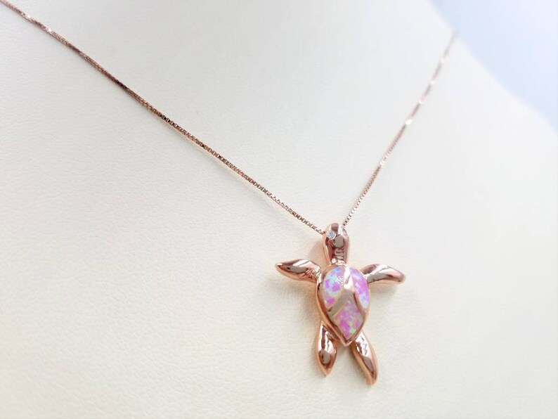 Adorable 925 Pink Opal Rose Gold Turtle Pendant w CZ Detail on Sterling and Rose Gold Box Chain Rose Gold Infinity Link and Sterling Clasp