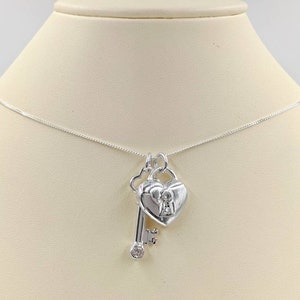 925 CZ Pave Key & Lock Lariat Necklace; Silver Key Pendant; Key to My Heart Necklace; Sterling Silver Lock and Key Necklace, Infinity Close