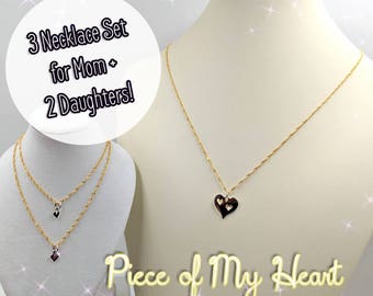 Mother & Daughters Gift Set Necklaces for One, Two or Three Daughters; Piece of My Heart Silver or Gold Charms on 14K Gold Infinity Chain