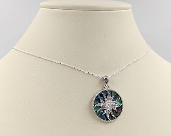925 Abalone zon ketting; Zonnestraal ketting; Zonneschijn ketting; CZ Pave Abalone Shell Zonhanger; Zon met Abalone ketting, Infinity Close