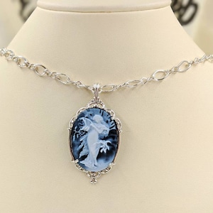 Mucha Agate Cameo Classic Victorian Cameo Necklace Blue Genuine Agate Cameo w 925 Filigree Setting & Sterling Chain Mucha, Infinity Close image 2