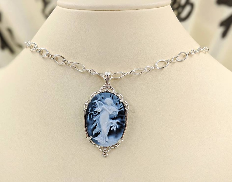 Mucha Agate Cameo Classic Victorian Cameo Necklace Blue Genuine Agate Cameo w 925 Filigree Setting & Sterling Chain Mucha, Infinity Close image 2
