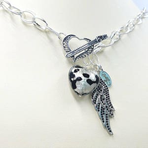 Sterling Silver Double Link Necklace w 925 & Black CZ Pave Angel Wing, Murano Glass Animal Print Heart Pendant, Antiqued Heart Front Toggle