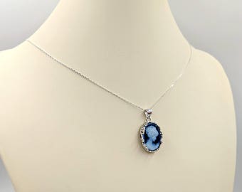 Classic Victorian Cameo Necklace - Black / Blue Genuine Agate Cameo w 925 Filigree Floral Setting & Sterling Chain, Infinity Clasp Close
