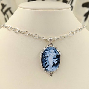 Mucha Agate Cameo Classic Victorian Cameo Necklace Blue Genuine Agate Cameo w 925 Filigree Setting & Sterling Chain Mucha, Infinity Close image 7