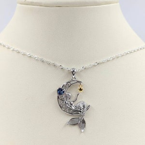 925 Silver Mermaid in the Moon Necklace; Mermaid Pendant & 925 Silver Chain; Mermaid Moon Necklace with Silver Chain; Sea Nymph Pendant