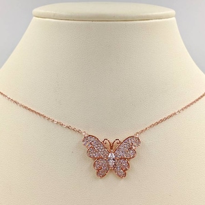 925 Rose Gold Butterfly Necklace; Sterling Butterfly Necklace w CZ Pave Detail; Butterfly Jewelry; Rose Gold Butterfly, Infinity Close