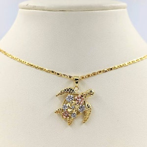 Tri Tone Gold Turtle with Silver, Gold, & Rose Gold Flowers; Turtle Necklace and Plumeria Flowers; 925 Gold Sea Turtle with Hibiscus Flowers