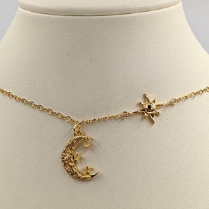 Gold Crescent Moon & Star Necklace; Textured Gold Crescent Moon Necklace with North Star; 925 Moon Pendant with Gold Star; Star and Moon