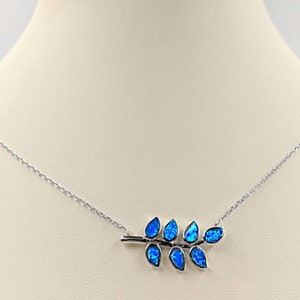 925 Blue Opal Tree Branch Necklace; Silver Leaf Pendant; Blue Fire Opal and 925 Sterling Silver Olive Branch; Opal Leaf, Infinity Close