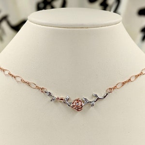 Sterling & Rose Gold Rose Necklace; Two Tone Rose Flower; 925 Silver Gold Rose; Rose Flower Branch Necklace; Sterling Rose, Infinity Close