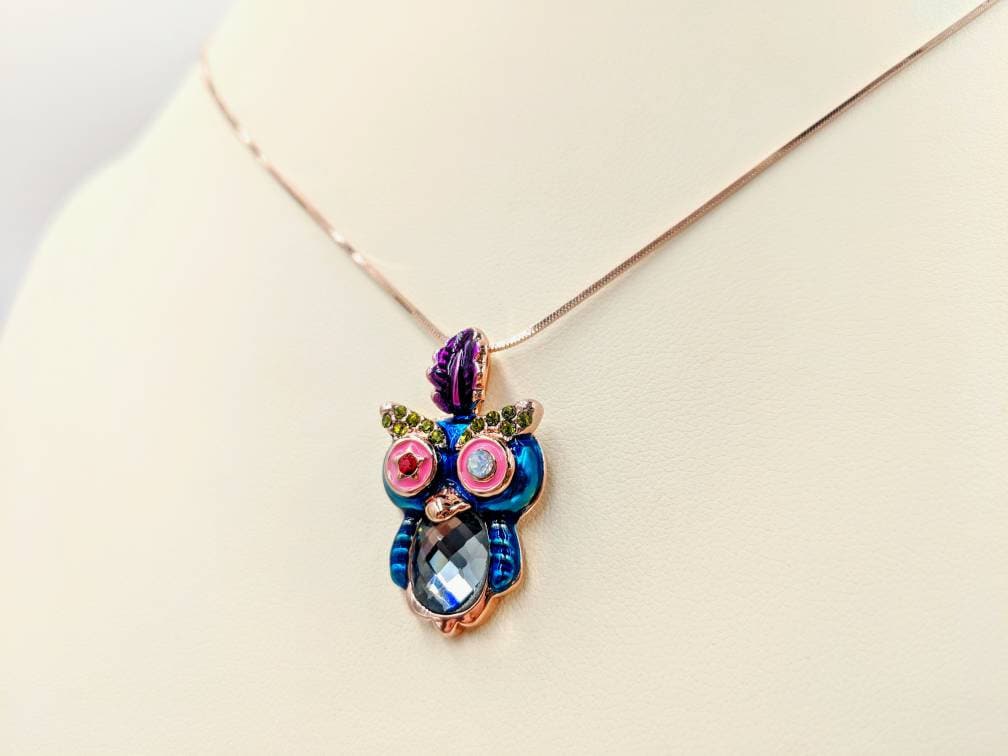 Rose Gold Multi Colored Owl Necklace; 925 Sterling & Rose Owl Charm; Blue Pave Owl Necklace; Ros