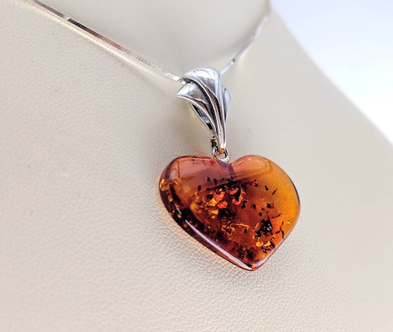Genuine Baltic Amber Heart Necklace Genuine Amber Stone W 925 Filigree Setting 925 Chain Authentic Baltic Amber Necklace Infinity Close Etsy
