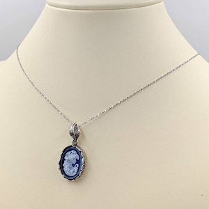 Victorian Cameo; 925 Genuine Agate Cameo Necklace; Blue Woman Agate Cameo, Sterling Chain and Floral Leaf Setting; Infinity Clasp & Close