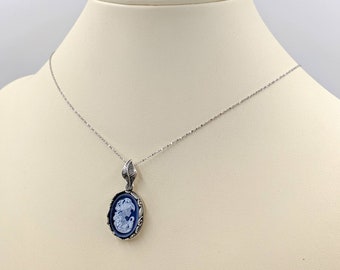 Victorian Cameo; 925 Genuine Agate Cameo Necklace; Blue Woman Agate Cameo, Sterling Chain and Floral Leaf Setting; Infinity Clasp & Close