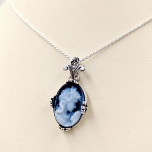 Petite AA Grade 1 Black / Blue Agate Cameo Necklace w Antiqued Sterling Fleur Di Lis Setting, Sterling Silver Rope Chain, Infinity Close