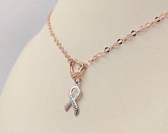 Cancer Awareness Ribbon Adjustable Lariat Necklace; Rose Gold Filled Lariat w 925 Strength Cancer Ribbon & Rose Heart Center, Infinity Close