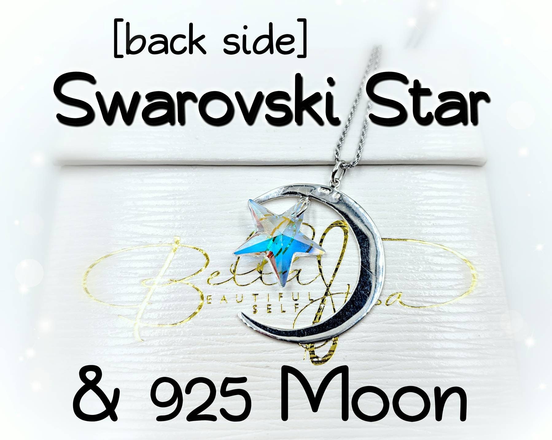 Moon and Star Necklace; 925 Silver Crescent Moon With