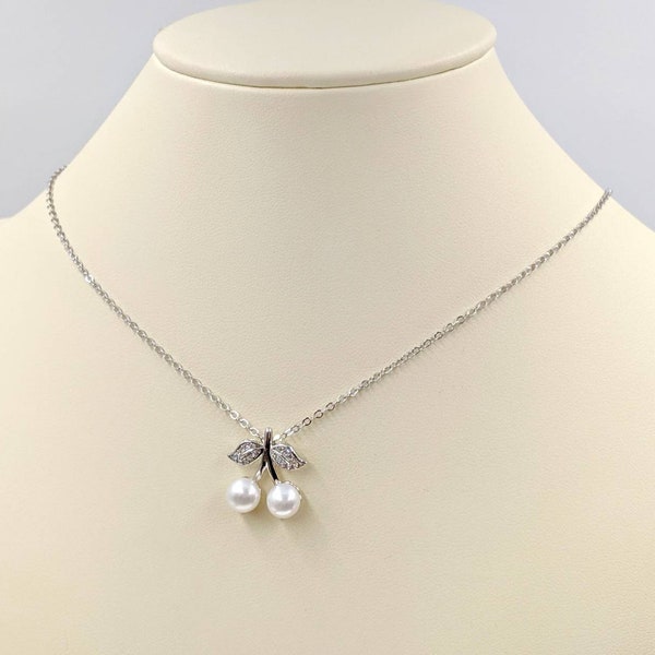 925 CZ Pave & Pearl Cherry Necklace; 925 and CZ Berry Necklace; Cherry Pendant; Freshwater Pearl and Sterling Cherries, Infinity Close