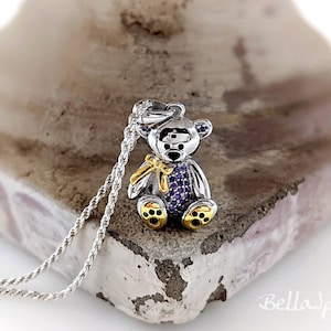Two Tone Pave Detail Teddy Bear Necklace; 925 Silver Teddy Bear Necklace; Bear with Bowtie; Teddy Bear Pendant Necklace with Pave Detail