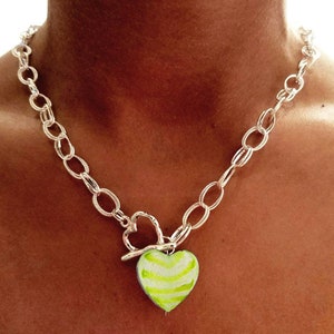 Sterling Silver Double Link Chain Toggle Necklace with Venetian Glass; Zebra Animal Print Glass Heart Pendant & Sterling Heart Toggle Close