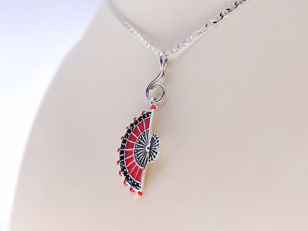 Folding Fan Necklace Hand Fan Charm Necklace w 925 Victorian Etsy