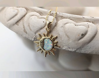 You Are My Sunshine Gold and White Opal Sun Necklace; 925 Sterling Silver Gold White Opal Sun; You Are My Sunshine Sun with White Opal