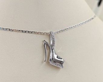 High Heel Shoe Pendant Necklace; 925 Sterling Silver & CZ High Heel Shoe Pendant Necklace; 925 Sterling Silver & CZ