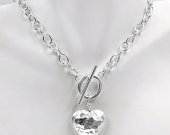 925 Sterling Silver Heart Toggle Necklace; Heart Toggle; Puffy Heart Toggle Necklace; 925 Puffed Heart Toggle Necklace; Toggle with Heart