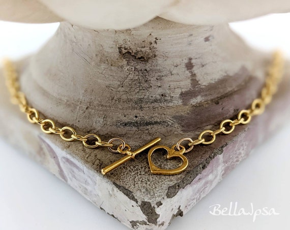 Gold Heart Toggle Necklace Front Clasp Toggle Necklace With 14K