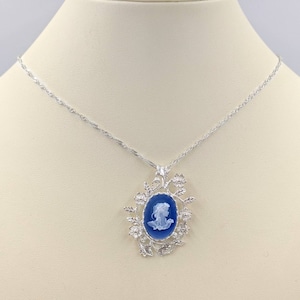 Victorian Cameo; 925 Genuine Agate Cameo Necklace; Blue Woman Agate Cameo, Sterling Chain and Floral Leaf Setting; Infinity Clasp & Close