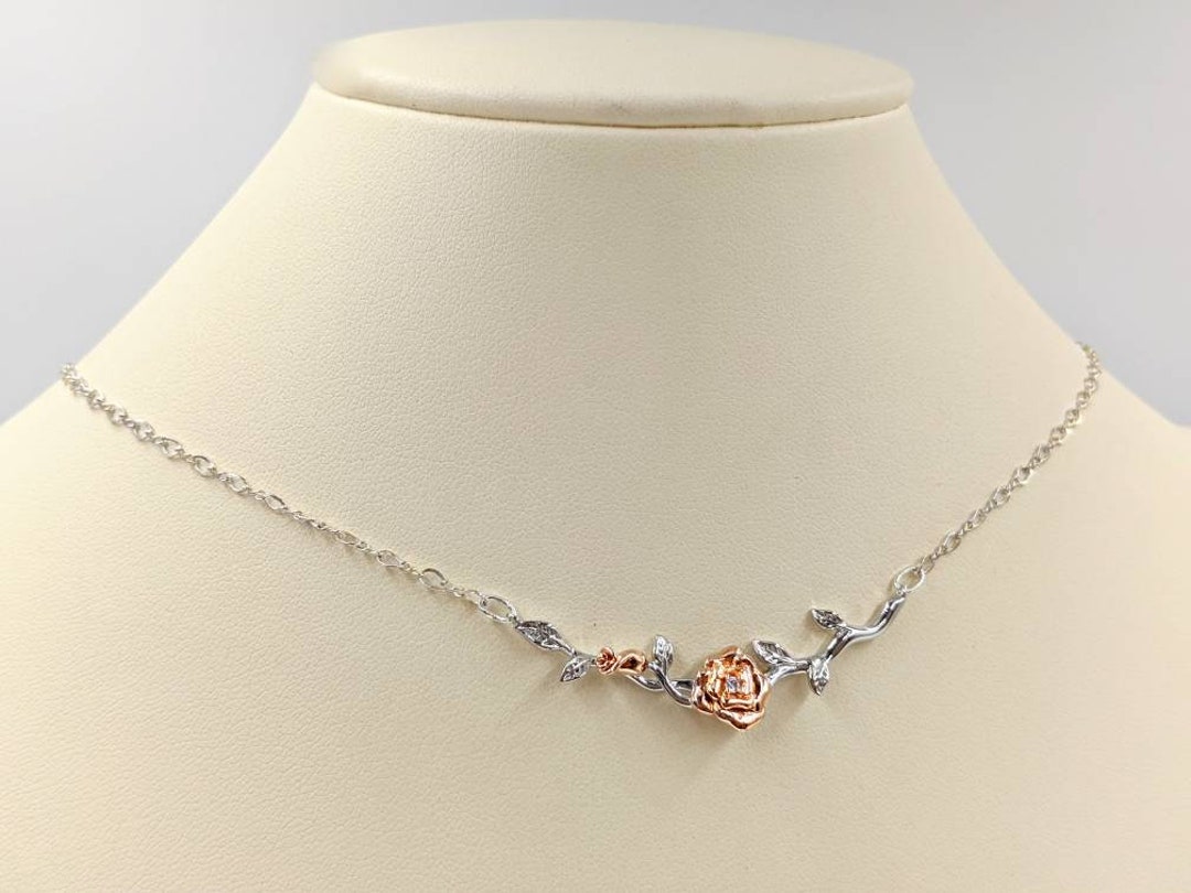 Sterling & Rose Gold Rose Necklace; Two Tone Rose Flower