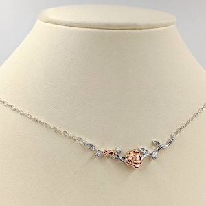Sterling & Rose Gold Rose Necklace; Two Tone Rose Flower; 925 Silver Gold Rose; Rose Flower Branch Necklace; Sterling Rose, Infinity Close