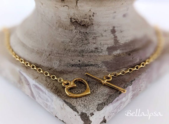 Gold Heart Toggle Necklace; Front Clasp Toggle Necklace With 14K