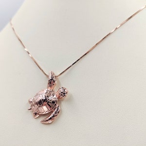 Rose Gold Sea Turtle Necklace; 925 Sterling & Rose Turtle, 925 Rose Necklace w Hanging Sea Turtle; Rose Turtle Pendant with Infinity Close